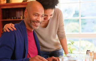 hoto of affectionate couple at table