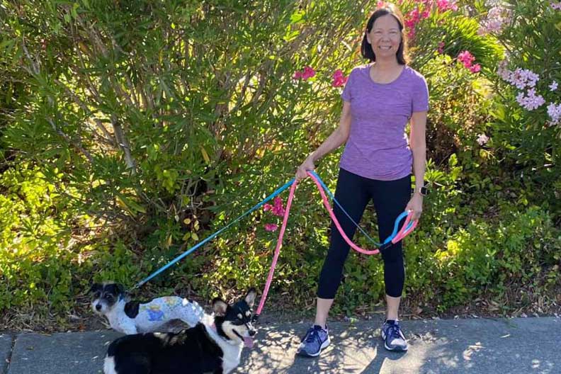 photo of Heather Westmoreland walking her dogs